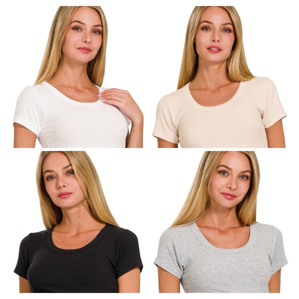 Ribbed Scoop Neck Crop Short Sleeve Top - multiple colors